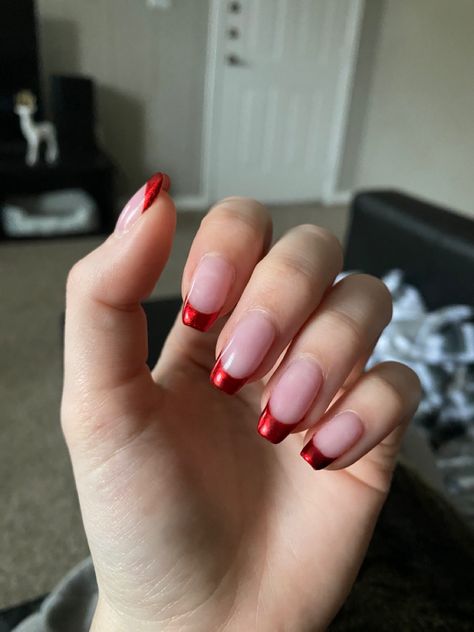 Red Chrome French Tip Nails Coffin, Red Chrome French Tip Nails Square, Red Chrome Tips, Red French Tip Nails With Chrome, Christmas Nails 2023 Square, Red French Tip Chrome Nails, Red Glitter Nails Acrylic French Tips, Red Chrome Nails French Tip, Chrome Red French Tip Nails