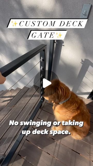 Rachel Hoch on Instagram: "Custom deck gate we had built for our dogs! 🐕 🛠️ We knew we wanted a gate on our deck so the goldens could roam, but I really didn’t want something that would swing or take up deck space when it was in use... This sliding pocket gate was the perfect solution and we LOVE it! ✨save and follow for more custom home dog ideas!✨ #home #homebuild #homeinspo #deck #deckdesign #deckinspo #landscape #housefeatures #custom #customhome #dogs #dogsofinstagram #goldens #goldensofinstagram #goldenretriever #gate #gates #pocketgate" Fenced In Dog Area Off Deck, Porch Gates For Dogs Diy, Dog Deck Ideas, Deck Gates Ideas Dogs, Dog Gate Outdoor, Dog Gate Ideas, Deck Gate Ideas, Pocket Gate, Building Deck Steps