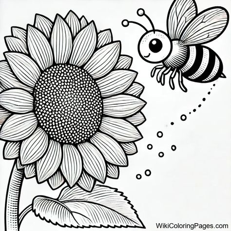 This coloring page shows a bee approaching a large sunflower The sunflower is detailed with large petals and a center rich in small details while the bee is depicted in flight with spread wings and a striped body This drawing offers a natural and cheerful scene ideal for a relaxing and creative activity The clean and welldefined lines make the drawing easy to color suitable for all ages Bee Coloring, Bee Theme Party, Bee Coloring Pages, Bee Images, Bee Drawing, Cartoon Bee, Bee On Flower, Incredible Creatures, Relaxing Activities