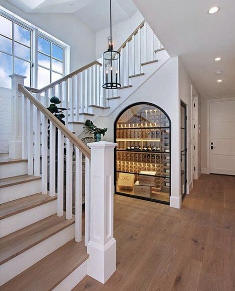 Dröm Hus Planer, تحت الدرج, California Beach House, Foyer Staircase, Wine Closet, Engineered Oak Flooring, Home Wine Cellars, Foyer Design, 아파트 인테리어