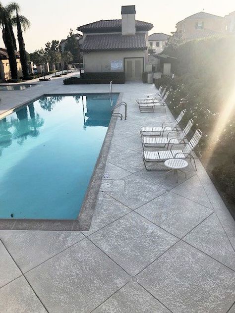 Swimming Pool Deck Tiles, Scored Concrete Pool Deck, Floor Around Pool Ideas, Pool Deck Inground Pools, Swimming Pool Concrete Surround, Pools With Concrete Surround, Pool Surrounds Ideas, Pool Deck Ideas Inground Concrete, Inground Pool Stamped Concrete