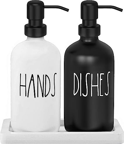 Luxurious Glass Kitchen Soap Dispenser Set with Tray by Brighter Barns - Hand and Dish Soap Dispenser for Kitchen Sink - Farmhouse Soap Dispenser - Modern Farmhouse Kitchen Decor (Black & White) Glass Soap Dispenser Bathroom, Farmhouse Soap Dispenser, Kitchen Decor Black, Hand And Dish Soap Dispenser, Handmade Tray, Soap Dispenser Set, Modern Farmhouse Kitchen Decor, Glass Soap Dispenser, Glass Dispenser