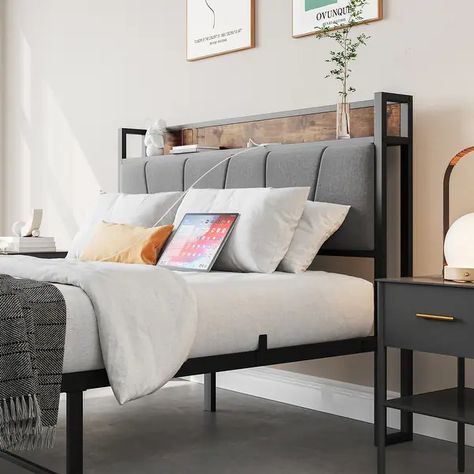 Bed Frame, Storage Headboard with Charging Station and 2 Storage Drawers, Solid and Stable - Bed Bath & Beyond - 39885229 Bed Frame Storage, Gray Upholstered Headboard, Frame Storage, Iron Bed Frame, Wood Platform Bed Frame, Storage Headboard, Full Size Bed Frame, Full Bed Frame, Solid Wood Bed