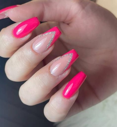 Stand Out Nail Designs, Nails For A Hot Pink Prom Dress, Hot Pink Concert Nails, Nail Designs With Hot Pink, Hot Pink French Nails Coffin, Hot Pink Nails With Silver Glitter, Nail Color For Hot Pink Dress, Pink French Tips With Glitter Line, Hot Pink Glitter Nail Designs