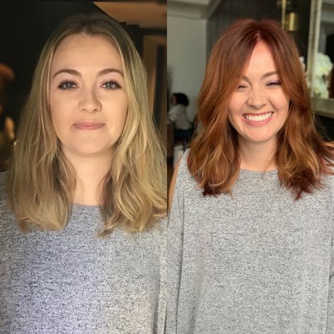 Fall Hair Color For Brunettes Red Copper, Ginger Snap Balayage, Short Fine Copper Hair, Mid Length Copper Balayage, Copper Hair With Root Smudge, Brunette To Red Hair Before And After, Blonde To Auburn Before And After, Blonde To Copper Hair Before And After, Warm Copper Balayage