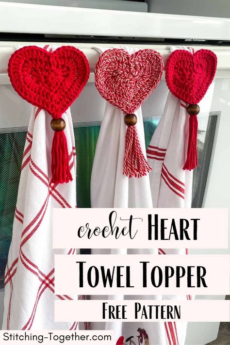 These adroable crochet heart towel toppers are perfect for Valentine's day or can be made to match your everyday decor. You'll love how simple and quick this project is, giving you a modern twist on crochet towel toppers. Free pattern by Stitching Together. Crochet Corner Towel Topper, Crochet Heart Towel Topper, Crochet Free Table Runner Pattern, Crochet For Valentines Day Ideas, Crochet Valentines Gifts, Valentine’s Day Crochet Patterns, Valentines Crochet Patterns Free, Valentines Day Crochet Patterns, Valentines Day Crochet