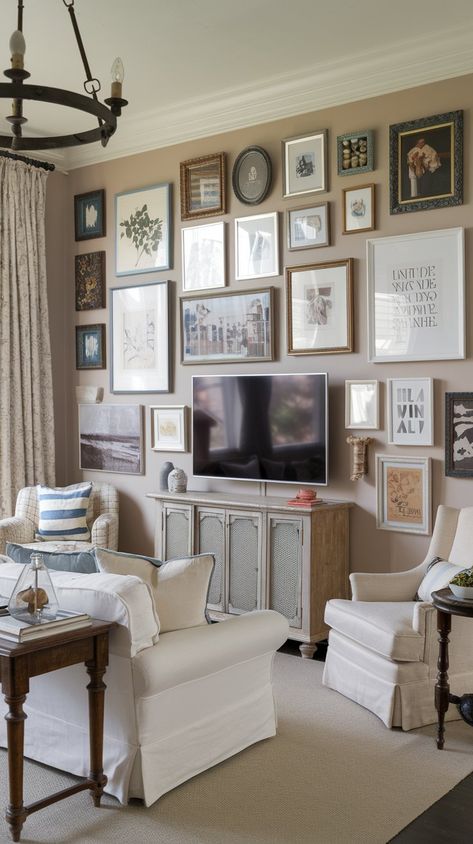 Warning: These 17+ TV Wall Designs Will Make You Redo Your Entire Living Room! Picture Wall Around Tv, Art Wall With Tv, Photos Around Tv, How To Decorate Mantle With Tv Above It, Tv Picture Wall, Tv Wall Decor Farmhouse, Gallery Wall Above Tv, Tv Collage Wall, Decorating Around Tv On Wall