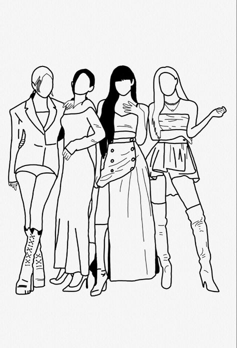 Black Pink Coloring Page, Black Pink Line Art, Kpop Drawings Blackpink, Blackpink Coloring Pages, Kpop Line Art Drawing, Blackpink Drawing, Fashion Coloring Book, Fashion Design Drawing, Animation Art Sketches