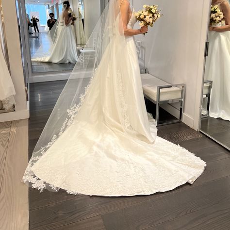 Brand New A Line White Wedding Dress With Side Cut Offs And Pockets. Including Embroidered Veil. Size 10- Not Altered. 100% Silk A Line Dress With Veil, Wedding Dress And Veil, Embroidered Veil, Silk Wedding Dress, White Wedding Dress, Cut Offs, Silk Wedding, Side Cuts, Wedding Veil