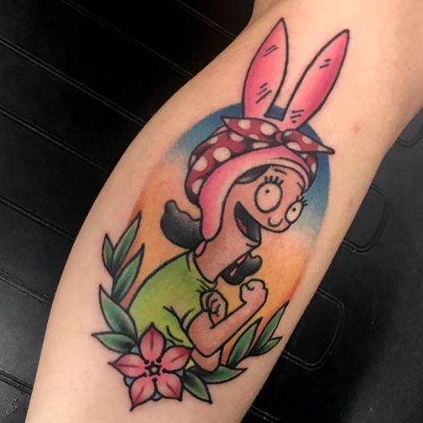 Finally got to do this Louise the Riveter for Lindsay today, it was so fun, thanks as always lady (sorry for the dark pic) @colorfaststudios #louisebelcher #louise #bobsburgers #bobsburgerstattoo #cartoon #cartoontattoo #rosietheriveter #wecandoit #empowerment #crushthepatriarchy #tattoo #tattoos #colorfaststudios #wellington #wellingtonfl #westpalm #westpalmbeach #lakeworth Bobs Burgers Tattoo, Louise Tattoo, Bobs Burgers Funny, Girl Power Tattoo, E Tattoo, Rosie The Riveter, Funny Tattoos, Cartoon Tattoos, Bobs Burgers