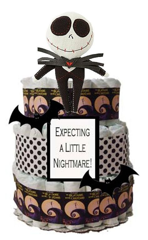 Expecting a little Nightmare Diaper Cake by CRTDByMszCameraChick, $105.00 Baby Shower Boy Theme, Nightmare Before Christmas Babyshower, Nightmare Before Christmas Theme, Christmas Gender Reveal, October Baby Showers, Halloween Gender Reveal, Halloween Baby Shower Theme, October Baby, Little Nightmares