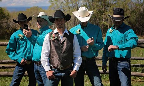 But first lemme take a selfie Cowboy wedding. Rustic country wedding turquoise and brown Western Groomsmen Attire Blue, Turquoise Groomsmen Attire, Turquoise Western Wedding Theme, Western Turquoise Wedding, Teal Groomsmen Attire, Turquoise Country Wedding, Brown And Teal Wedding, Turquoise And Brown Wedding, Turquoise Groomsmen