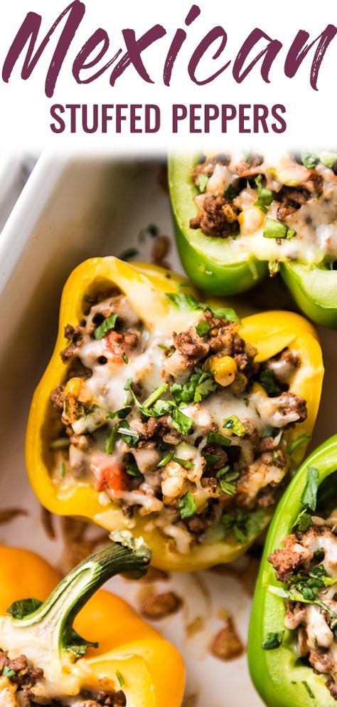 Mexican Stuffed Peppers filled with ground beef, chicken or turkey and seasoned with an easy taco seasoning perfect for weeknight meals! #stuffedpeppers #mexicanrecipes Easy Taco Seasoning, Mexican Peppers, Turkey Ground, Stuffed Peppers Beef, Isabel Eats, Mexican Stuffed Peppers, Pepper Recipes, Recipes Mexican, Low Calorie Dinners