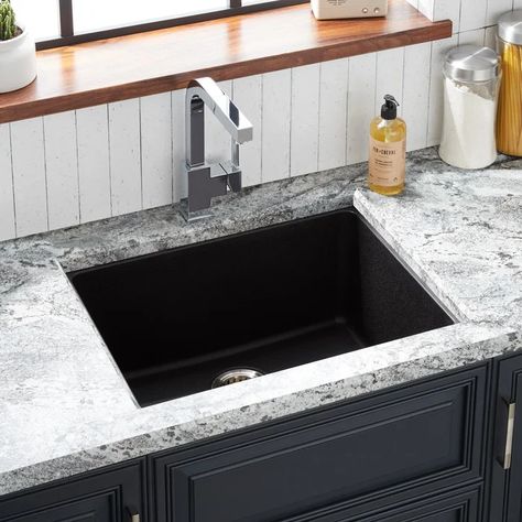 Signature Hardware 25" Totten Granite Composite Undermount Kitchen Sink & Reviews | Wayfair Kitchen Remodel Dark Cabinets, Kitchen Sink Black, Condo Kitchen Remodel, Granite Composite Kitchen Sink, Granite Composite Sinks, Composite Sink, Galley Kitchens, Condo Kitchen, Corner Sink