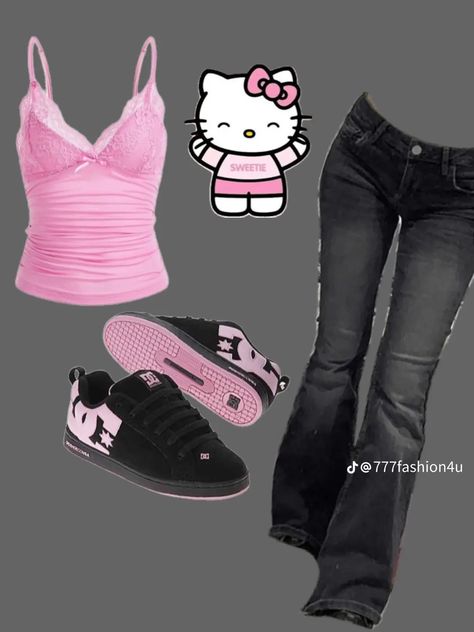 Trashy 2000s Outfits, Hello Kitty Outfit Ideas, Black And Pink Hello Kitty, Hello Kitty Grunge, Hello Kitty Outfits, Outfit Inspo Y2k, Trashy 2000s, Fire Clothes, Street Style Outfits Casual