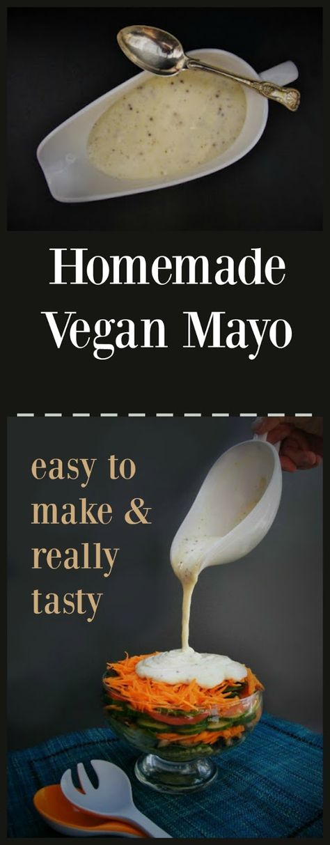 Homemade vegan mayonnaise. It’s a simple dressing to make. You start with unsweetened soya milk, wholegrain mustard, some lemon juice and black pepper in a blender. Whizz these up, while slowly drizzling in some olive oil. Once you have tried this, you will be loath to buy mayonnaise again. Cashew Mayo, Vegan Japanese Food, Food Substitutes, Vegan Japanese, Vegan Dips, Mayonnaise Recipe, Vegan Dip, Vegan Mayo, Vegan Mayonnaise