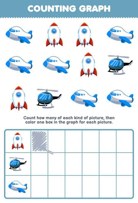 Education game for children count how many cute cartoon rocket helicopter plane then color the box in the graph printable transportation worksheet Cartoon Rocket, Transportation Worksheet, Helicopter Plane, Counting Worksheets, Preschool Math Worksheets, Semester 2, Game For Children, Worksheets Preschool, Air Transport