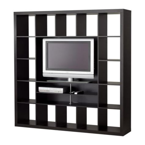 room divider cabinet | Wanna buy our stuff?: {PENDING} Ikea Expedit TV Storage Unit - $90 Room Divider Tv, Black Apartment, Tv Stand Bookshelf, Tv Storage Unit, Ikea Tv, Coffee Table Inspiration, Glass Room Divider, Ikea Bookcase, Bamboo Room Divider