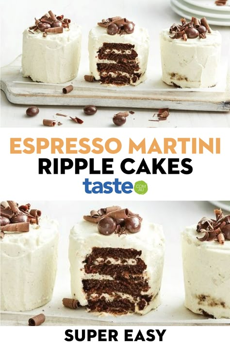 Espresso martini meets cake! With Choc Ripple biscuits and coffee-flavoured liqueur, this recipe is a perfect after-dinner treat (for adult's only). #espressomartini #cake #dessert #baking #australia #australian #australianrecipes Ripple Cake, Coffee Desserts, Dinner Party Desserts, Cakes Slices, Coffee Dessert, Xmas Food, Food Tasting, Cake Tasting, Espresso Martini