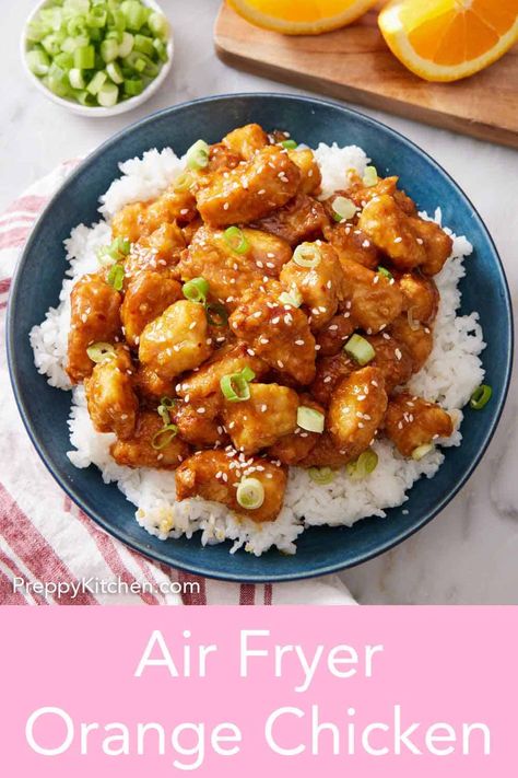 Crispy air fryer orange chicken is savory, sweet, and perfectly tangy. You’ll love the thick, sticky sauce loaded with fresh orange juice, soy sauce, and aromatic seasonings. With very little effort and a hot air fryer, you can have dinner ready in a flash; no takeout required! Air Fried Orange Chicken, Fried Orange Chicken, Low Carb Orange Chicken, Air Fryer Orange Chicken, Air Fryer Recipes Healthy Low Carb, Chicken Crispy, Chicken Kitchen, Orange Chicken Recipe, Chicken Thigh Recipes Oven