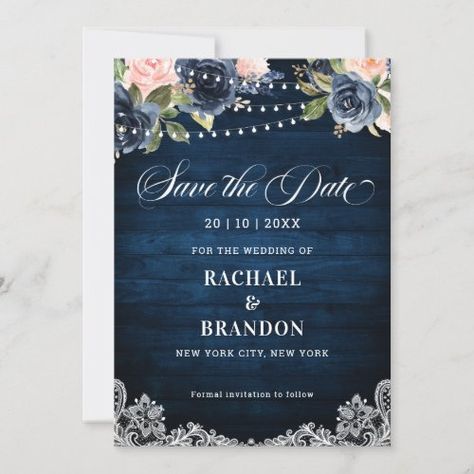 Navy Blue Blush Floral String Light Save The Date #zazzle #weddinginvitations #birthdayinvitations #babyshowerinvitations #zazzleinvitations #monogram #businesscards #graduation #homedecor Mason Jar Wedding Invitations, Botanical Theme, Rustic Save The Dates, String Lights Wedding, Floral Save The Dates, Light Wedding, Wedding Invitation Card Template, Mason Jar Wedding, Rustic Country Wedding