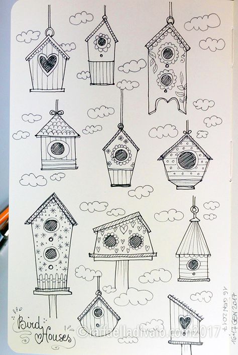 Birdhouse Art Painting, Bird House Doodle, Birdhouse Drawing Simple, Birdhouse Doodle, Birdhouse Drawing, House Doodle, Arte Doodle, Bird Houses Painted, Paper Birds