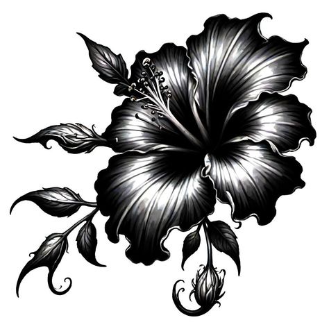 Pretty Tattoo Cover Ups, Black And Grey Hibiscus Tattoo, Blacked Out Flower Tattoo, Black Hibiscus Tattoo, Black Cover Up Tattoos For Women Arm, All Black Tattoo Cover Up, Exotic Tattoos For Women, Black Work Flower Tattoo, Knee Cap Tattoos Women