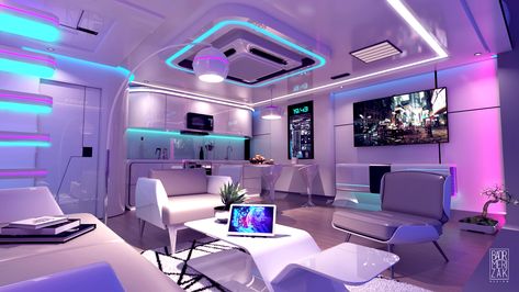 Futuristic Room Ideas, Futuristic Apartment, Cyberpunk Interior, Futuristic Bedroom, Teknologi Futuristik, Amazing 3d Tattoos, Bilik Idaman, Spaceship Interior, Fantasy Rooms