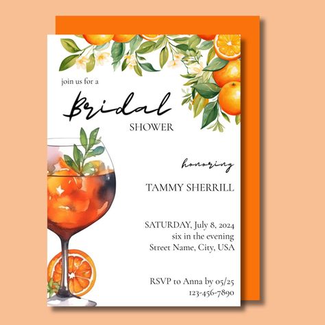 Watercolor Bridal Shower Invitations, Italian Cocktails, Bridal Shower Inspo, Orange Watercolor, Themed Bridal Shower, Modern Invitation, Aperol Spritz, Bridal Shower Theme, Bridal Shower Invitation