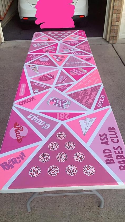 Pink Pong Table Painted, Preppy Beer Pong Table, Pong Table Tape Layout, Blue Pong Table, 21st Birthday Beer Pong Table, Girly Pong Table, Pink Pong Table, Beer Pong Table Painted Pink, Girly Beer Pong Table