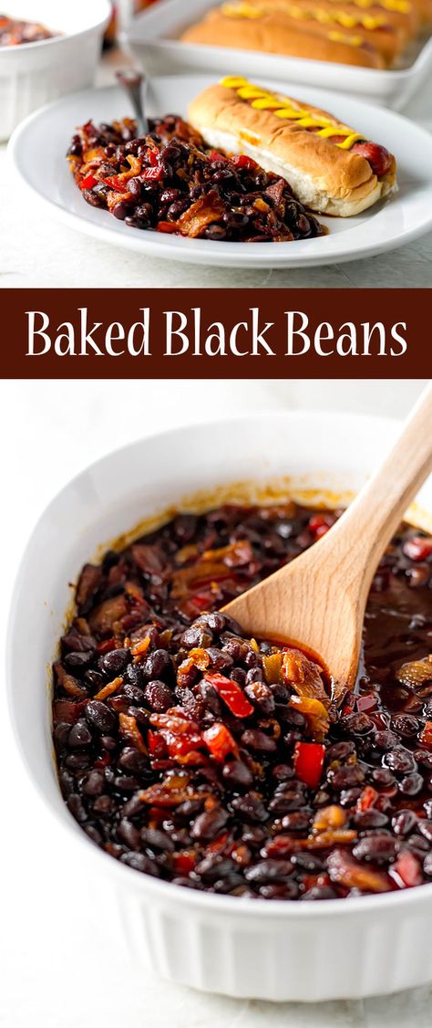 Smokey baked black beans made with bacon are a great side dish for all your summer get-togethers! #bakedbeans #blackbeans #sidedishes #BBQ #potlucks #summerecipes Baked Black Beans Recipe, Baked Black Beans, Simple Baked Beans Recipe, Easy Baked Beans, Healthy Casserole, Black Bean Recipes, Baked Bean Recipes, Healthy Casseroles, Side Dishes Recipes