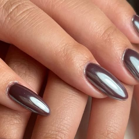 Dark Brown With Chrome Nails, Dark Chocolate Chrome Nails, Dark Brown Glazed Nails, Dark Crome Nails, Dark Brown Nails With Chrome, Dark Gray Chrome Nails, Dark Chrome Nails Designs, Chocolate Nails With Chrome, Dark Metallic Nails