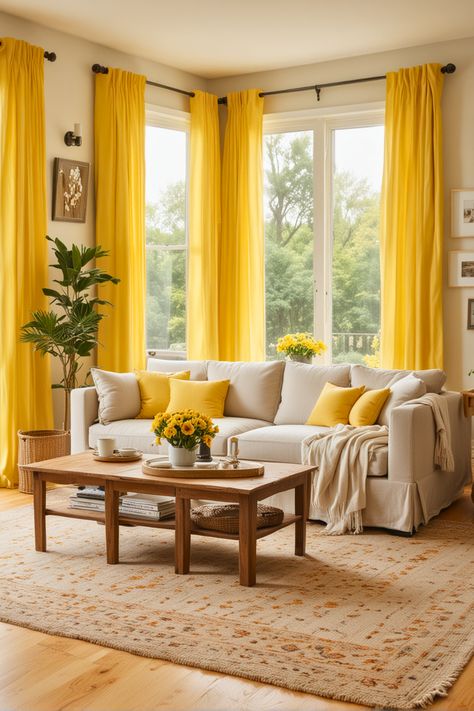 20 Yellow Living Room Ideas That Will Make Your Home Pop – The Crafty Hacks Sunflower Interior Design, Yellow Living Rooms Ideas, Pops Of Colour Living Room, Yellow Room Decor Ideas, Pop Of Color Living Room, Yellow Living Room Colors, Yellow Living Room Ideas, Yellow Curtains Living Room, Colors With Yellow