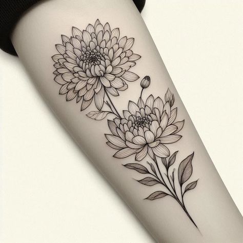 Chrysanthemum & Waterlily Flower Fineline Tattoo: Matching Birth Flower Tattoo for November & July Narcissus And Chrysanthemum Tattoo, November Birth Flower Tattoo Chrysanthemums, Matching Tattoo Idea, Waterlily Flower, Name Flower Tattoo, November Birth Flower, Chrysanthemum Tattoo, Lighthouse Tattoo, Fineline Tattoo