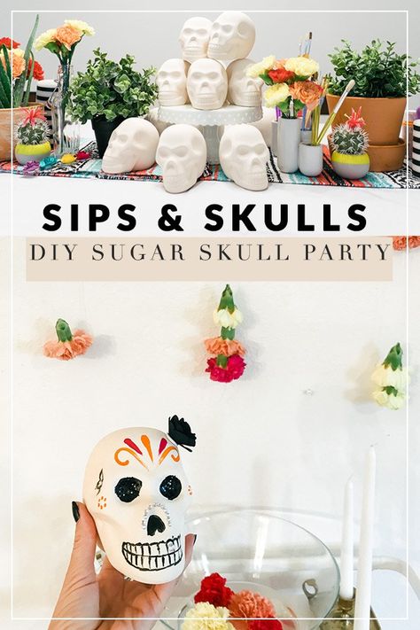 Halloween Paint And Sip Party, Sip And Craft Party Ideas, Halloween Paint Party Ideas, Sugar Skull Painting Ideas, Wine And Paint Party Ideas, Paint And Sip Ideas Parties Decorations, Wine And Paint Party, Paint Party Ideas, Diy Sugar Skull