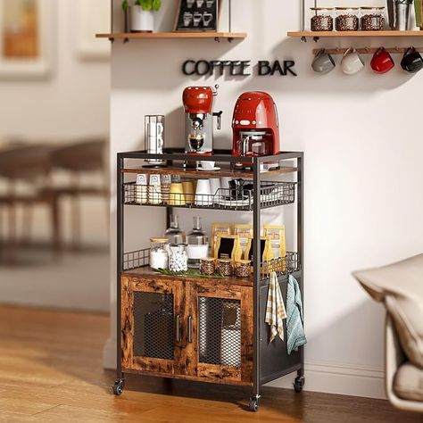 Hencawima Coffee Bar Cabinet, 3 Tier Coffee Station Table on Wheels, Bar Cart with Wire Basket Drawer & 5 Hooks for Home Kitchen, Liquor Buffet Sideboard Cabinet (Rustic Brown) Coffee Station Table, Square Living Room Table, Bars Ideas, Coffee Bean Jar, Basket Drawer, Coffee Bar Cart, Table On Wheels, Coffee Mornings, Space Coffee