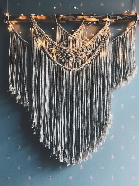 Fairy lights with macrame wall hanging - new blog post on DIY lighting fixtures.. you'll love this  #home #homedecor #lighting #macrame #homedecorideas #decor  #decorideas فن النسيج, Botanical Bedroom, Macrame Wall Hanging Large, Pola Macrame, Boho Macrame Wall Hanging, Yarn Hanging, Rustic Wedding Decorations, Macrame Wall Decor, Wall Hanging Boho