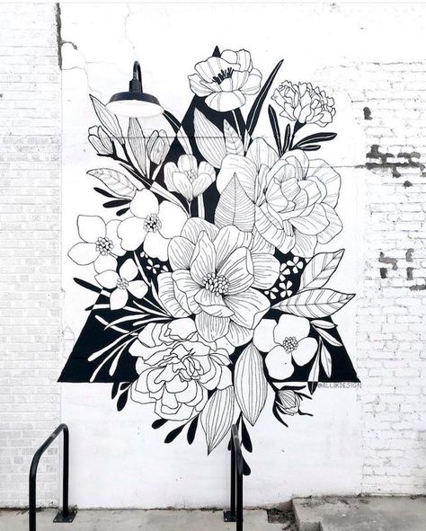 From tattoo designs to murals, Alli Koch bucks the expectation of explosive color in floral art, instead achieving lush, free-flowing detail with lines of black and white. Spotlight: Alli Koch, Visual Artist | Create Whimsy @allikdesign #illustration #blackandwhite #homedec #murals #flowers #flowerillustration #linedrawing #flowerart #modernfloral #makersgonnamake #creativehappylife #livecreatively K Design, Flower Mural, Flowers Painted, Wall Drawing, Custom Murals, Mural Design, Mural Wall Art, Mural Painting, Mural Art