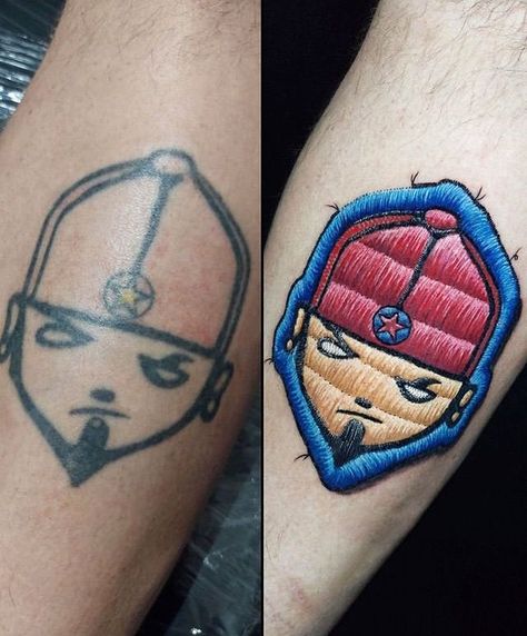 Limp Bizkit Tattoo, Patch Tattoo Ideas, Embroidery Tattoos, Patch Tattoo, Pokemon Tattoos, Pokemon World, Tatoo Styles, Stitch Tattoo, Embroidery Tattoo