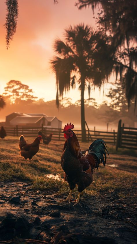 a rooster in a muddy field with hens at dawn Rooster Aesthetic, Sunrise Farm, Majestic Palm, Chicken Wallpaper, What A Beautiful World, Chicken Art, Spanish Moss, Bird Pictures, Summer Wallpaper