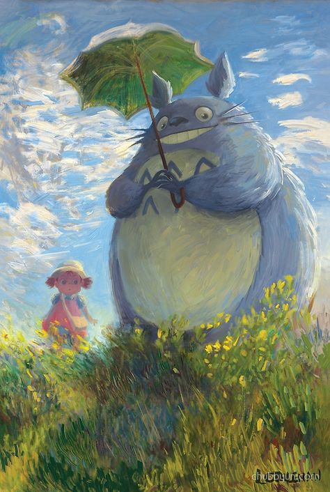 Totoro art based on the painting Woman With A Parasol by Claude Monet | Studio Ghibli #anime #Miyazaki #fanart Morpheus Sandman, Totoro Art, Art Studio Ghibli, Digital Art Software, Thomas Gainsborough, Personajes Studio Ghibli, Digital Art Poster, Ghibli Artwork, Poster Anime