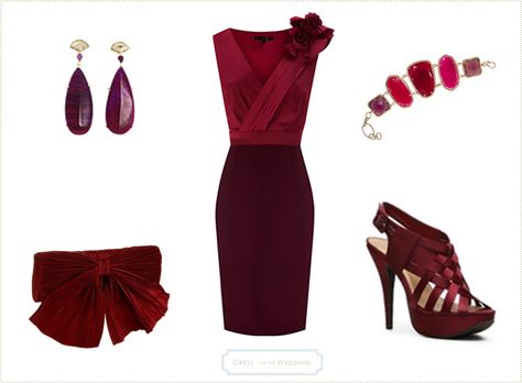 Burgundy Dress with accessories. www.dressforthewedding.com Wine Dress Outfit, Burgundy Wedding Dress, Dress For The Wedding, Dress Nigth, Wedding Burgundy, Wine Colored Dresses, How To Dress For A Wedding, Wedding Outfits For Women, Wedding Guest Outfit Fall