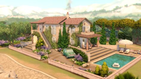 Italian House Sims 4, Sims 4 Italian House, Sims 4 Cottage, Sims 4 Houses Layout, Big Swimming Pools, Sims Inspiration, Modern Townhouse, Italian House, Bloxburg Ideas