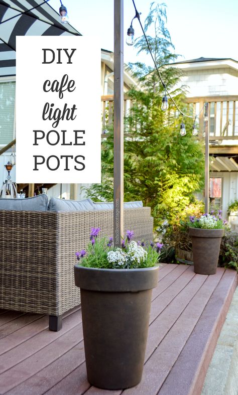 How To Make DIY Planter Pot Poles For Hanging Outdoor Cafe String Lights #cafelights #stringlights #cafelightholder #lightpotpole #howtohangcafelights #lightpoleplanter #diylightpoleplanter #diycafelightholder Diy Planters Pots, Pool Deck Decorations, Outdoor String Lights Patio, Diy Planter, Patio String Lights, Handmade Planter, Outdoor Cafe, Diy Outdoor Decor, Light Pole