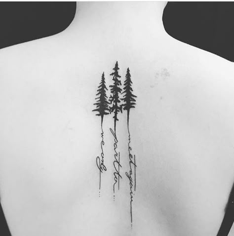 Woods Tattoo Ideas, Tree Name Tattoo, Line Art Tree Tattoo, Small Tree Tattoo For Men, Feminine Tree Tattoos For Women, Pine Tree Tattoo With Words, Sports Tattoos Women, Redwood Tree Tattoo Simple, Treeline Tattoo