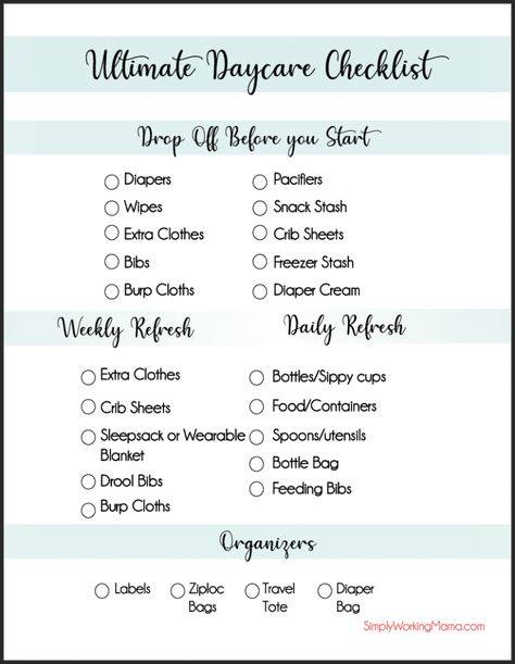 Infant Daycare Checklist, Daycare Bag Checklist Infant, Daycare Essentials Toddlers, I’m Home Daycare Ideas, Babysitting Templates, Daycare Must Haves, Infant Room Daycare Layout, Home Daycare Schedule, Bloxburg Daycare