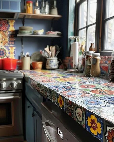 10 ways to update outdated tile countertops without replacing them Mexican Tile Countertops Kitchen, Tiled Kitchen Countertops Ideas, Fun Countertop Ideas, Mexican Tile Kitchen Countertops, Easy Backsplash Ideas On A Budget, How To Paint Tile Countertops, Dollar Store Backsplash, Diy Tile Countertop Makeover, Vinyl Counter Top Makeover Laminate