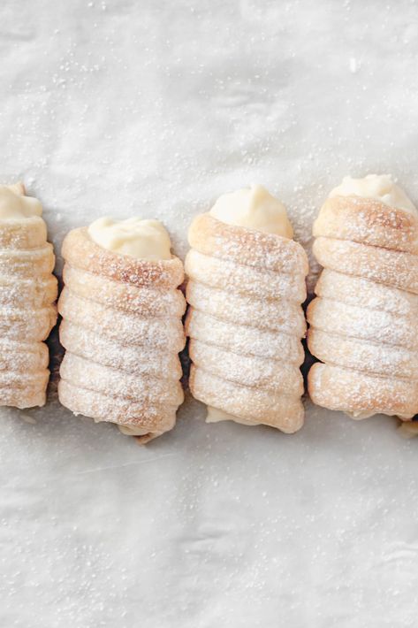 Custard Cream Horns — Damn, Spicy! Cream Horn Filling Recipe, Desserts With Puff Pastry Sheets, Cream Horn Filling, Desserts With Puff Pastry, Cream Horns Recipe, Italian Cream Stuffed Cannoncini, Easy Puff Pastry Desserts, Easy Puff Pastry Recipe, Puff Pastry Recipes Dessert