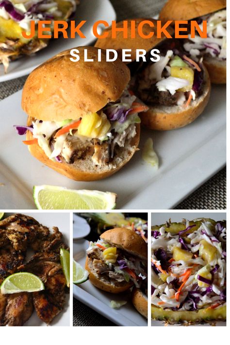 Chicken Sliders with a sweet, tangy pineapple slaw! The perfect blend of comparable herbs and spices is just delightful! Jerk Chicken Sliders, Pineapple Sliders, Jamaica Party, Easy Sliders, Coop Can Cook, Pineapple Slaw, Caribbean Chicken, Dude Food, Jamaican Dishes