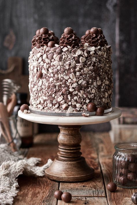 A rich and moist chocolate malted milk cake, with malted milk chocolate buttercream and covered in crushed chocolate malted milk balls. Malted Milk Cake, Malt Cake, Milk Balls, Malted Milk Balls, Layered Cakes, Brunch Inspiration, Flourless Cake, Seed Bread, Chocolate Malt